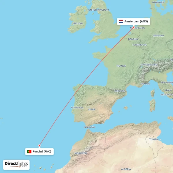 Amsterdam - Funchal direct flight map