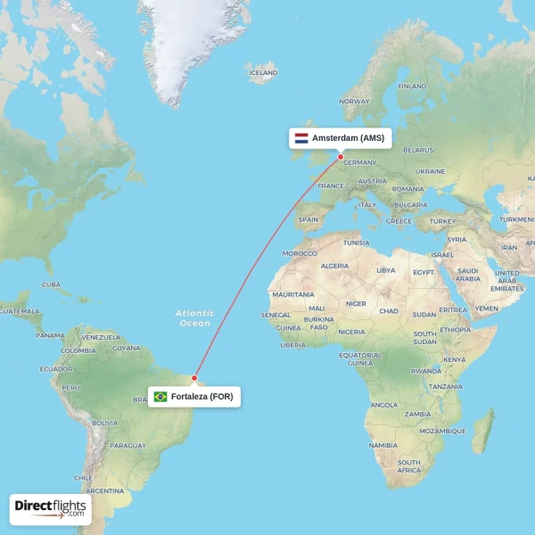 Amsterdam - Fortaleza direct flight map