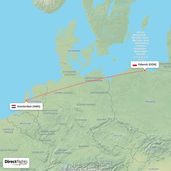 Amsterdam - Gdansk direct flight map