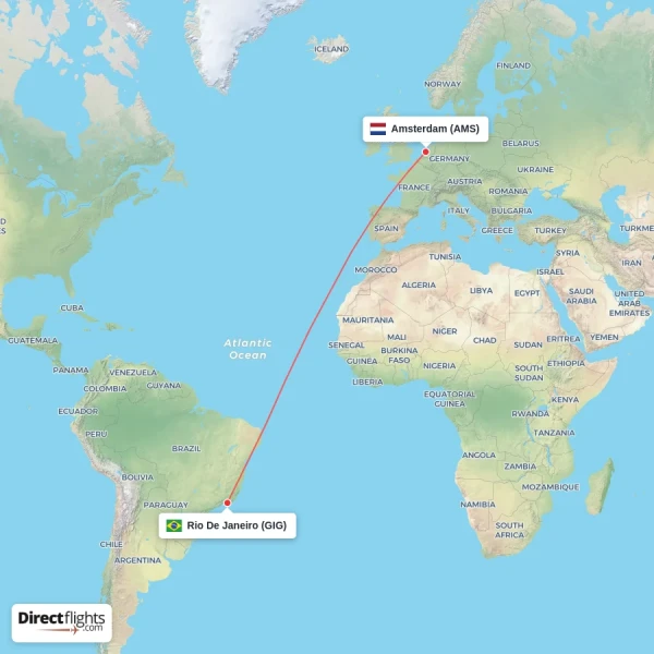 Amsterdam - Rio De Janeiro direct flight map