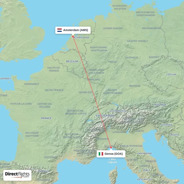 Amsterdam - Genoa direct flight map