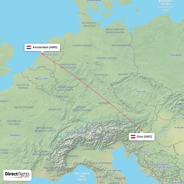 Amsterdam - Graz direct flight map