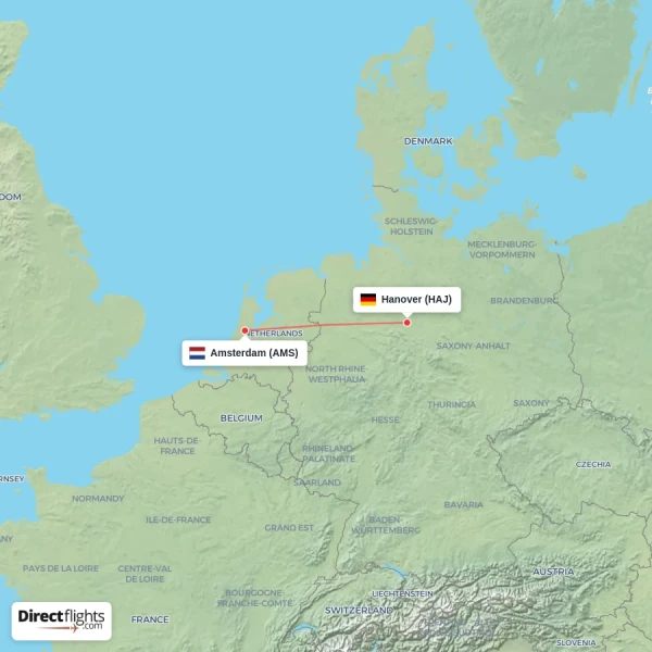 Amsterdam - Hanover direct flight map