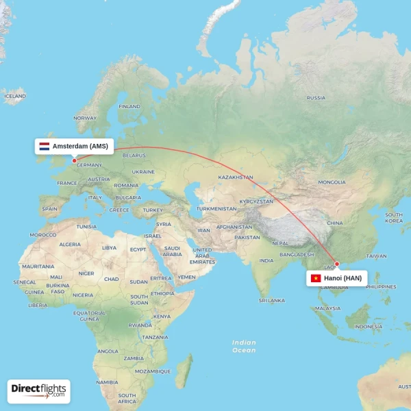Amsterdam - Hanoi direct flight map
