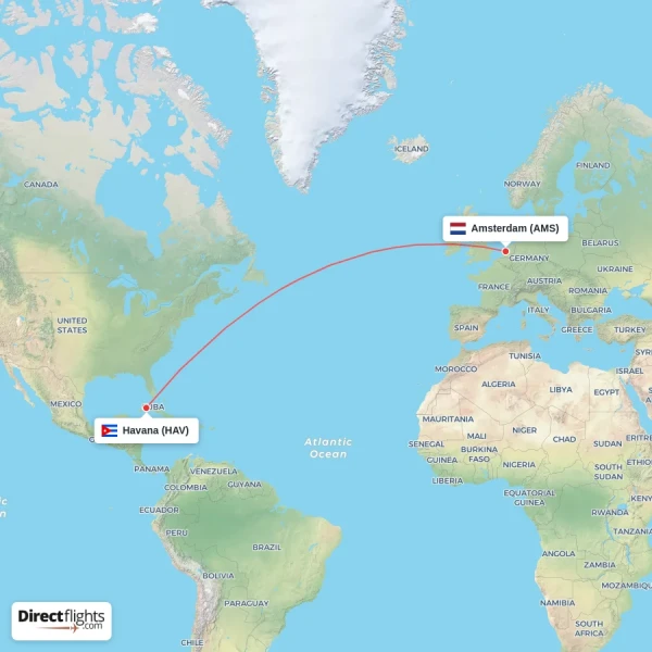 Amsterdam - Havana direct flight map