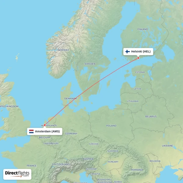Amsterdam - Helsinki direct flight map