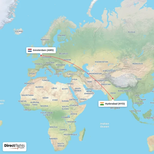 Amsterdam - Hyderabad direct flight map