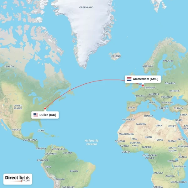 Amsterdam - Dulles direct flight map