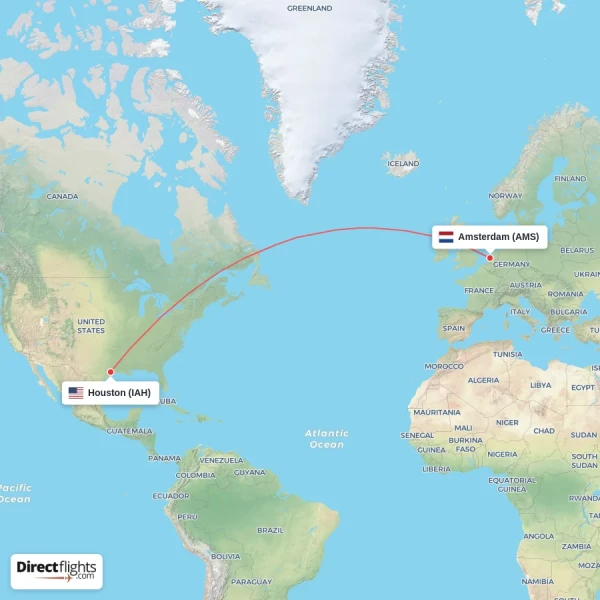 Amsterdam - Houston direct flight map