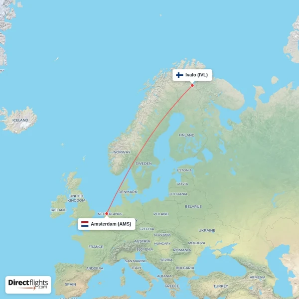 Amsterdam - Ivalo direct flight map