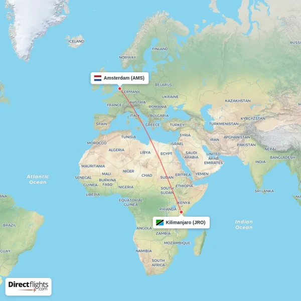 Amsterdam - Kilimanjaro direct flight map
