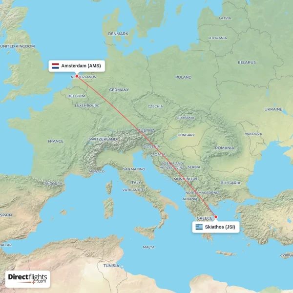 Amsterdam - Skiathos direct flight map