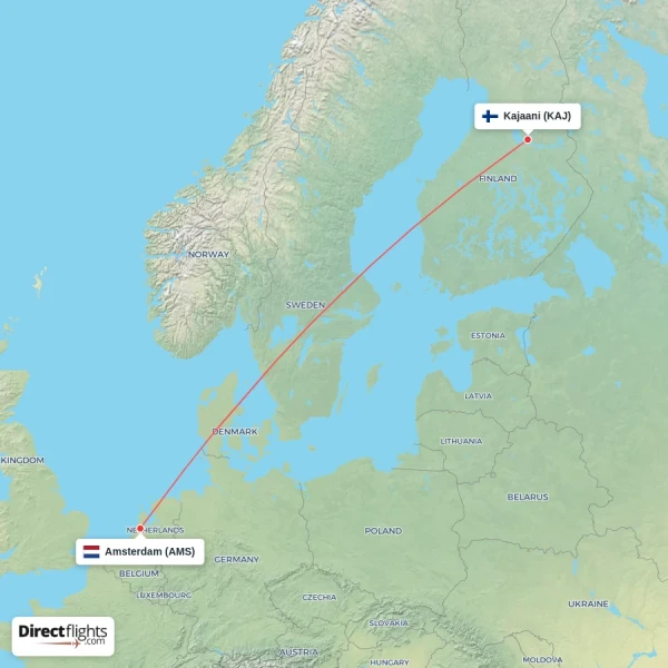 Amsterdam - Kajaani direct flight map
