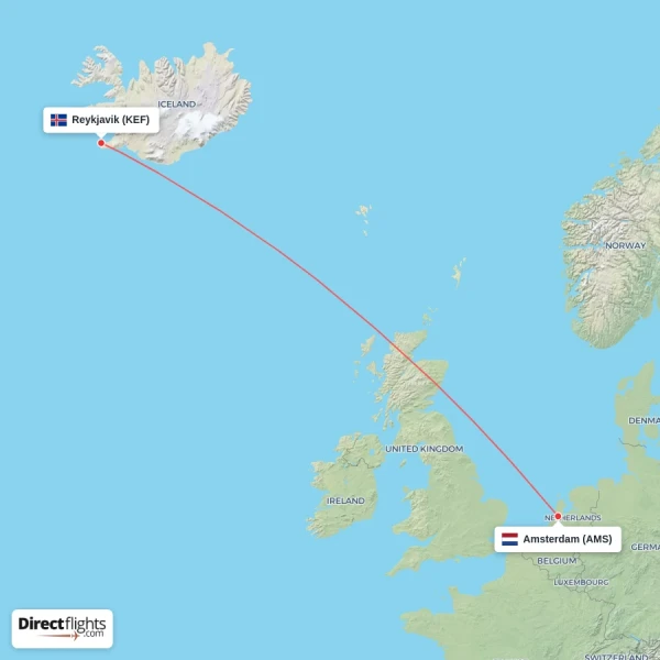 Amsterdam - Reykjavik direct flight map