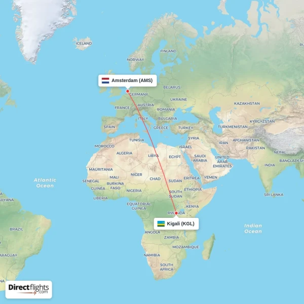 Amsterdam - Kigali direct flight map