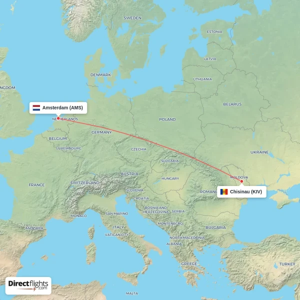 Amsterdam - Chisinau direct flight map