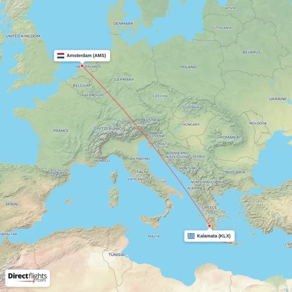 Amsterdam - Kalamata direct flight map