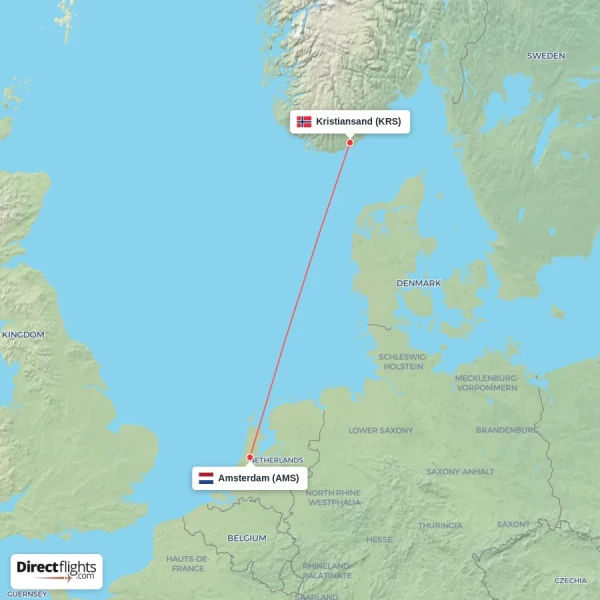 Amsterdam - Kristiansand direct flight map