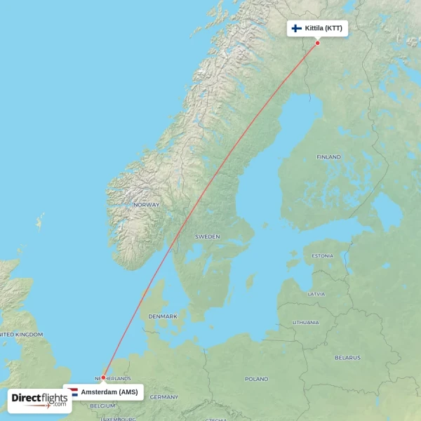 Amsterdam - Kittila direct flight map
