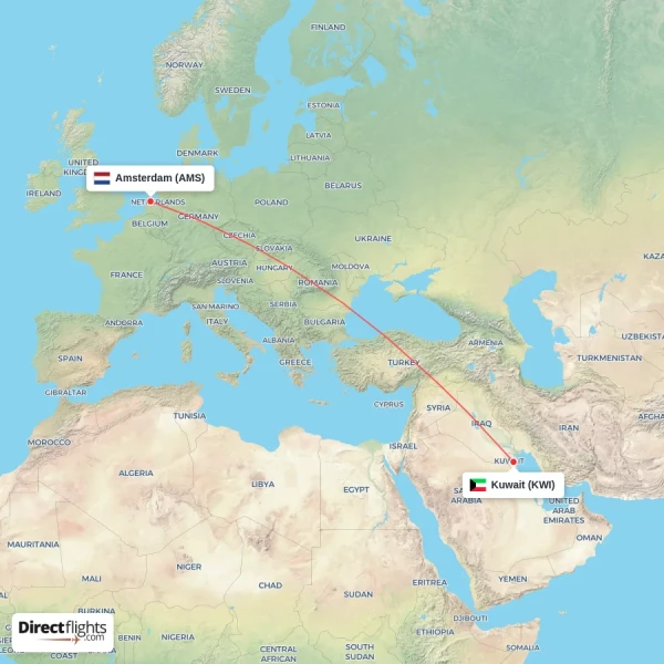 Amsterdam - Kuwait direct flight map