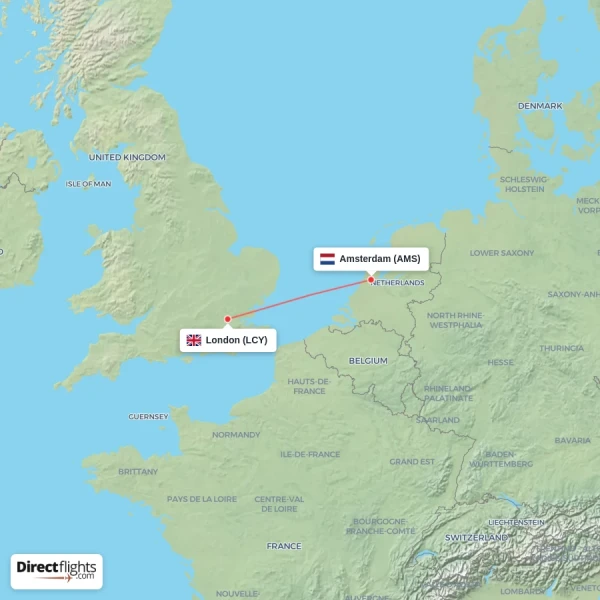 Amsterdam - London direct flight map