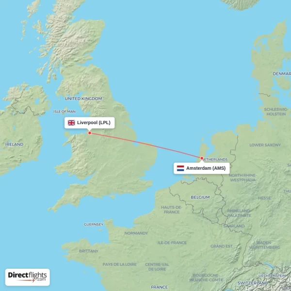 Amsterdam - Liverpool direct flight map
