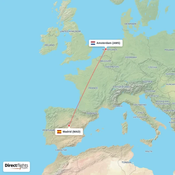Amsterdam - Madrid direct flight map