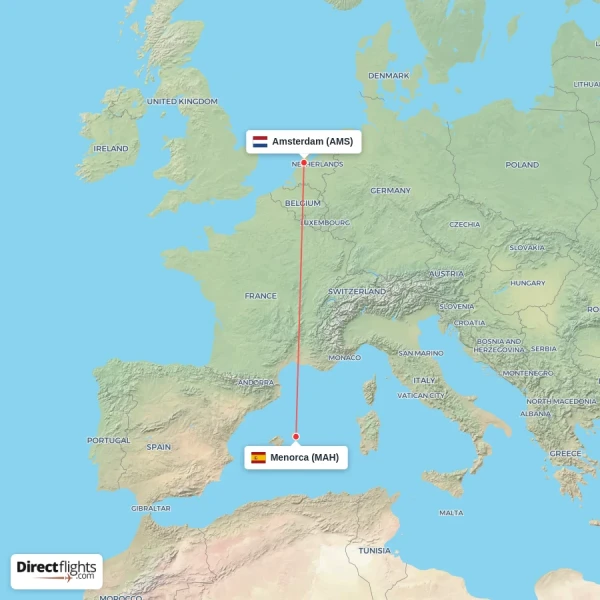 Amsterdam - Menorca direct flight map