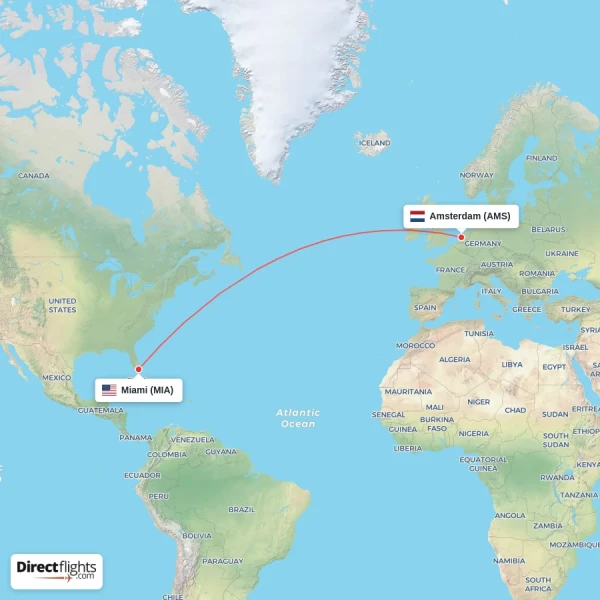 Amsterdam - Miami direct flight map