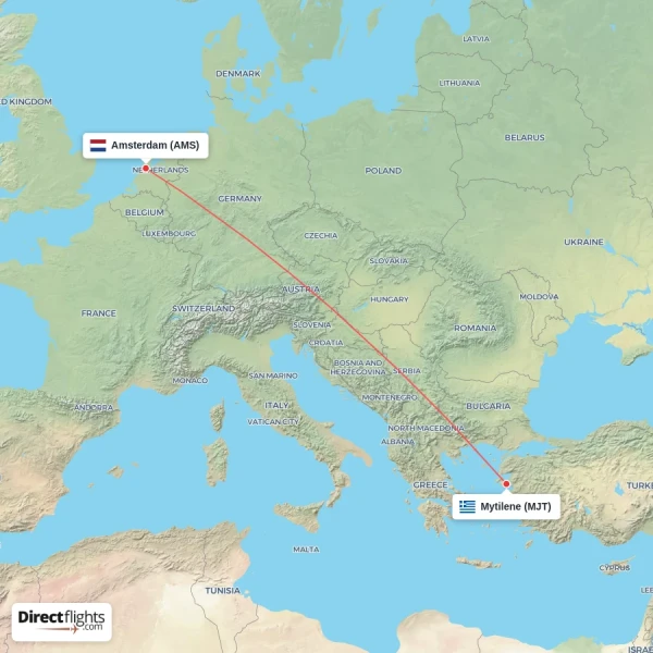 Amsterdam - Mytilene direct flight map