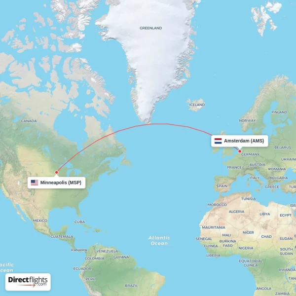 Amsterdam - Minneapolis direct flight map