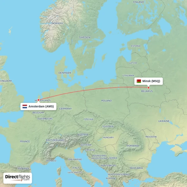 Amsterdam - Minsk direct flight map