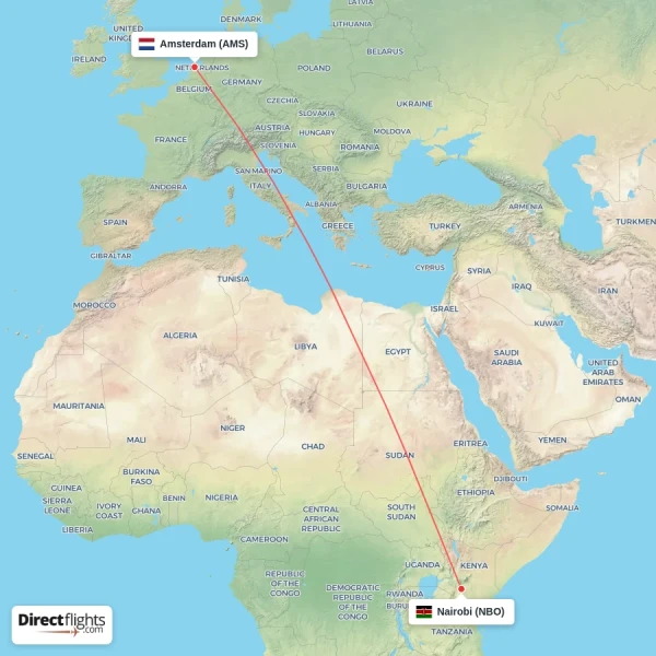 Amsterdam - Nairobi direct flight map