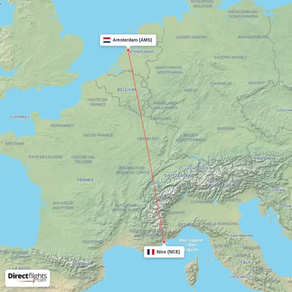 Amsterdam - Nice direct flight map