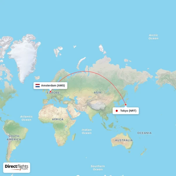 Amsterdam - Tokyo direct flight map