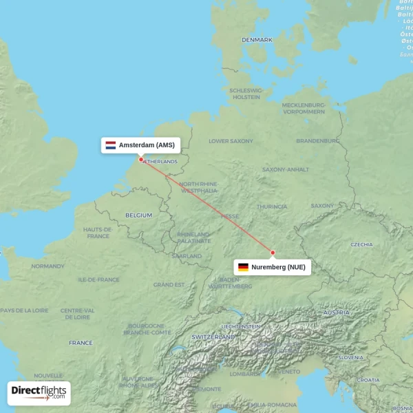 Amsterdam - Nuremberg direct flight map