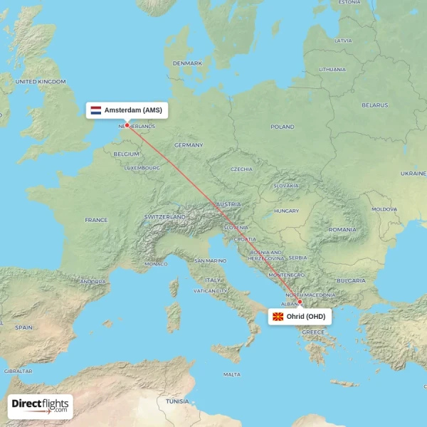 Amsterdam - Ohrid direct flight map