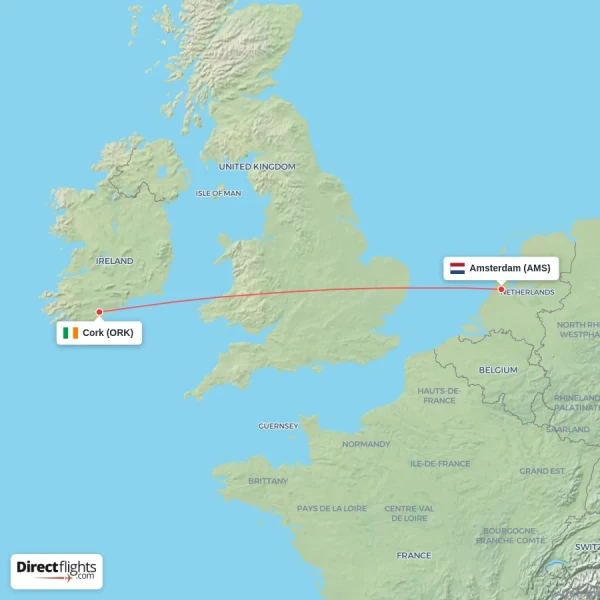 Amsterdam - Cork direct flight map