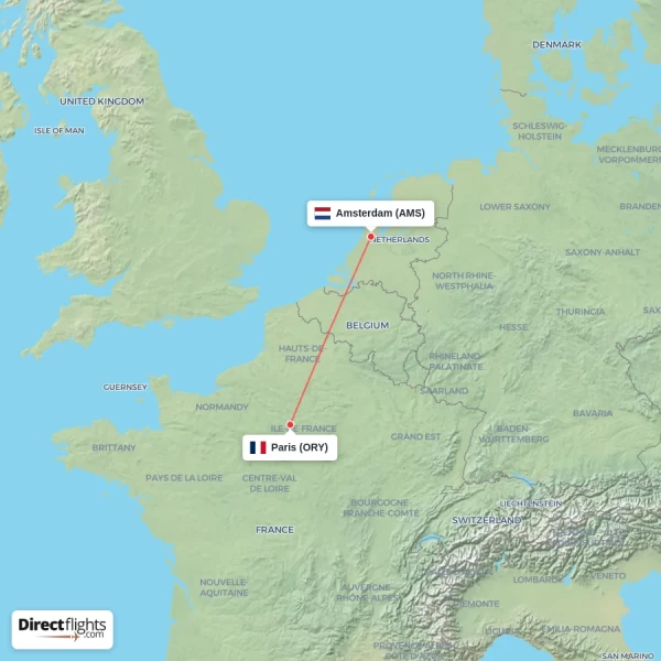 Amsterdam - Paris direct flight map