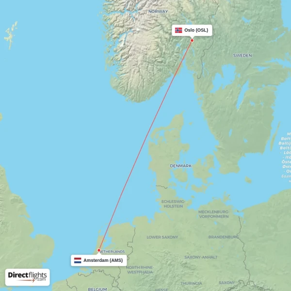 Amsterdam - Oslo direct flight map