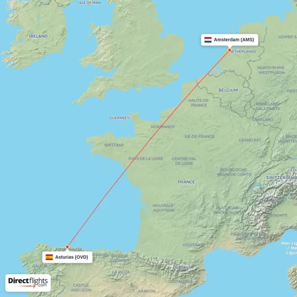Amsterdam - Asturias direct flight map