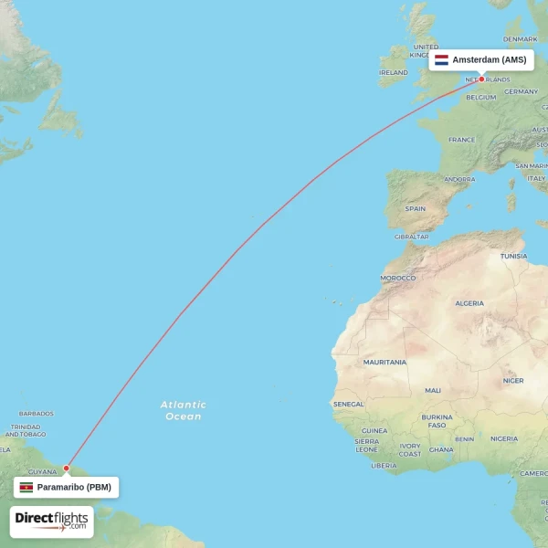 Amsterdam - Paramaribo direct flight map