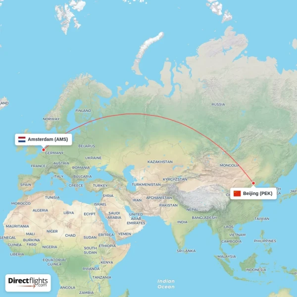 Amsterdam - Beijing direct flight map