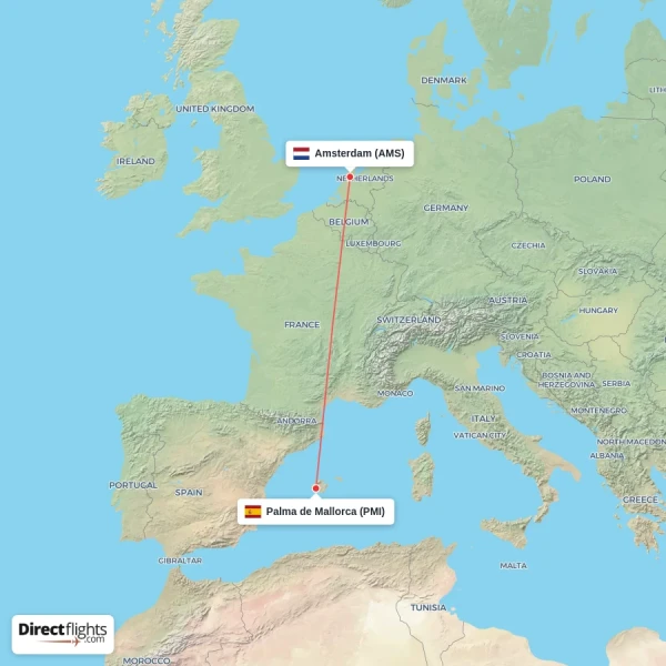 Amsterdam - Palma de Mallorca direct flight map