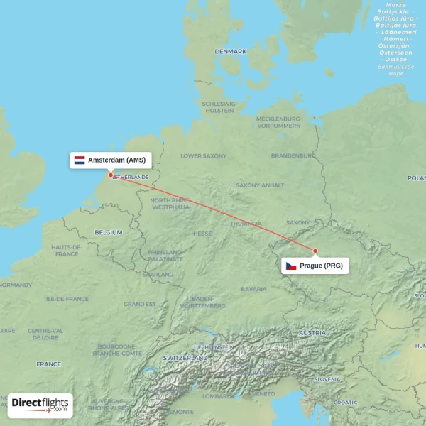 Amsterdam - Prague direct flight map