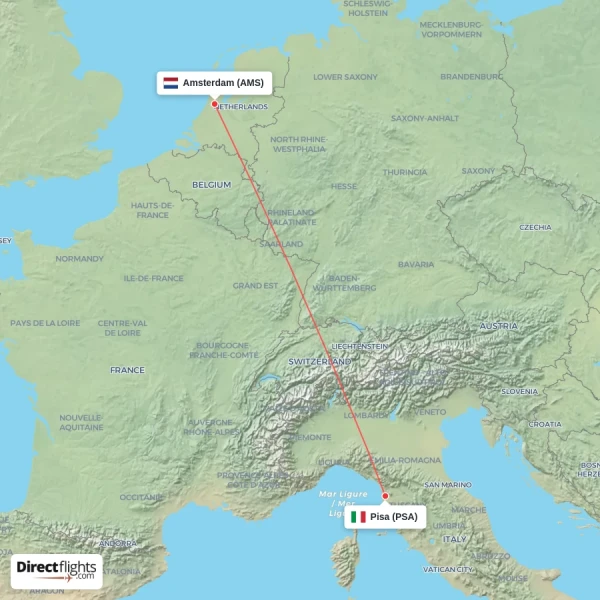 Amsterdam - Pisa direct flight map