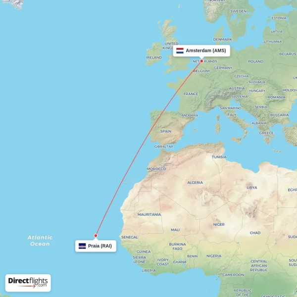 Amsterdam - Praia direct flight map