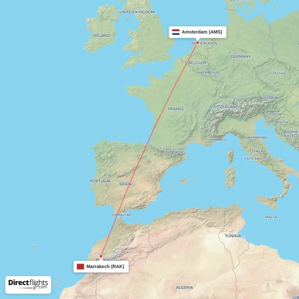 Amsterdam - Marrakech direct flight map