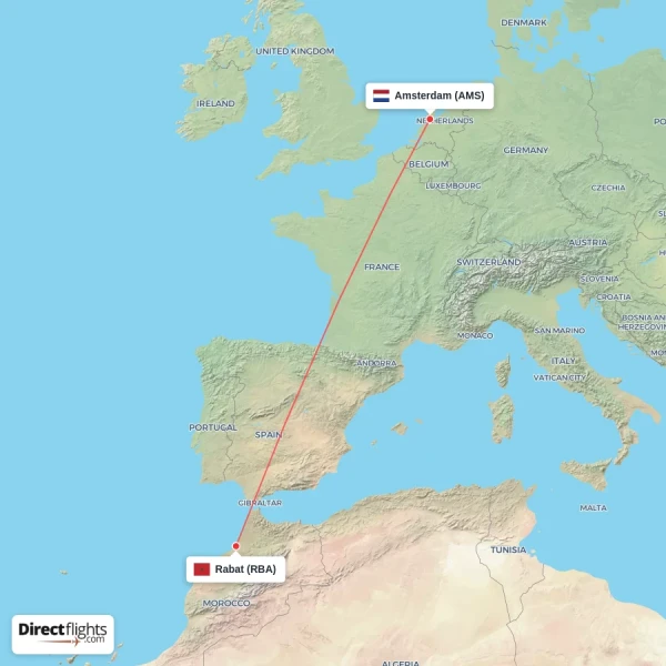 Amsterdam - Rabat direct flight map