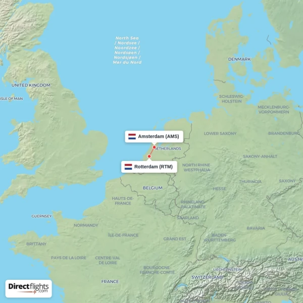 Amsterdam - Rotterdam direct flight map